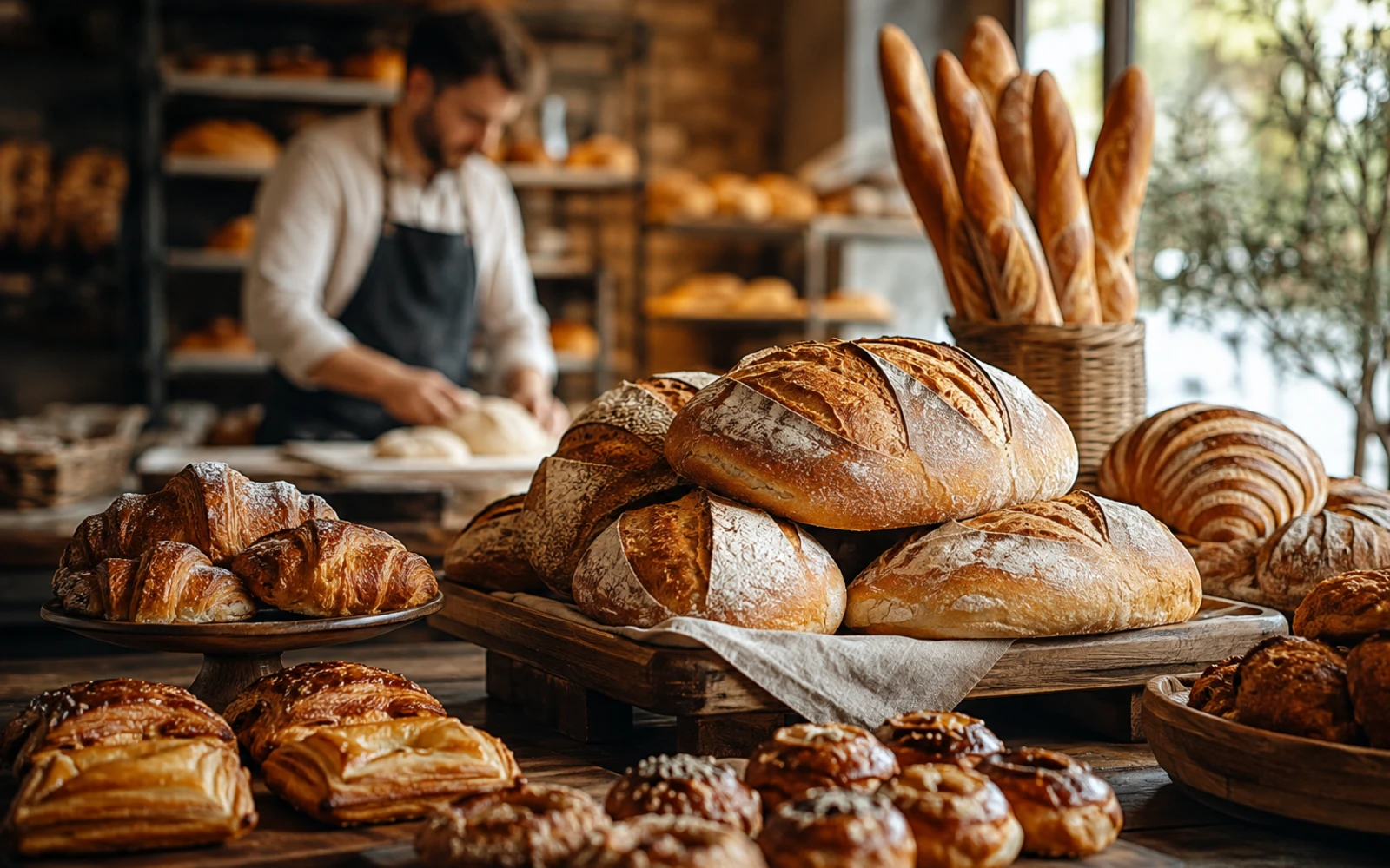 Auswahl an frischem Brot und Gebäck in einer rustikalen Bäckerei