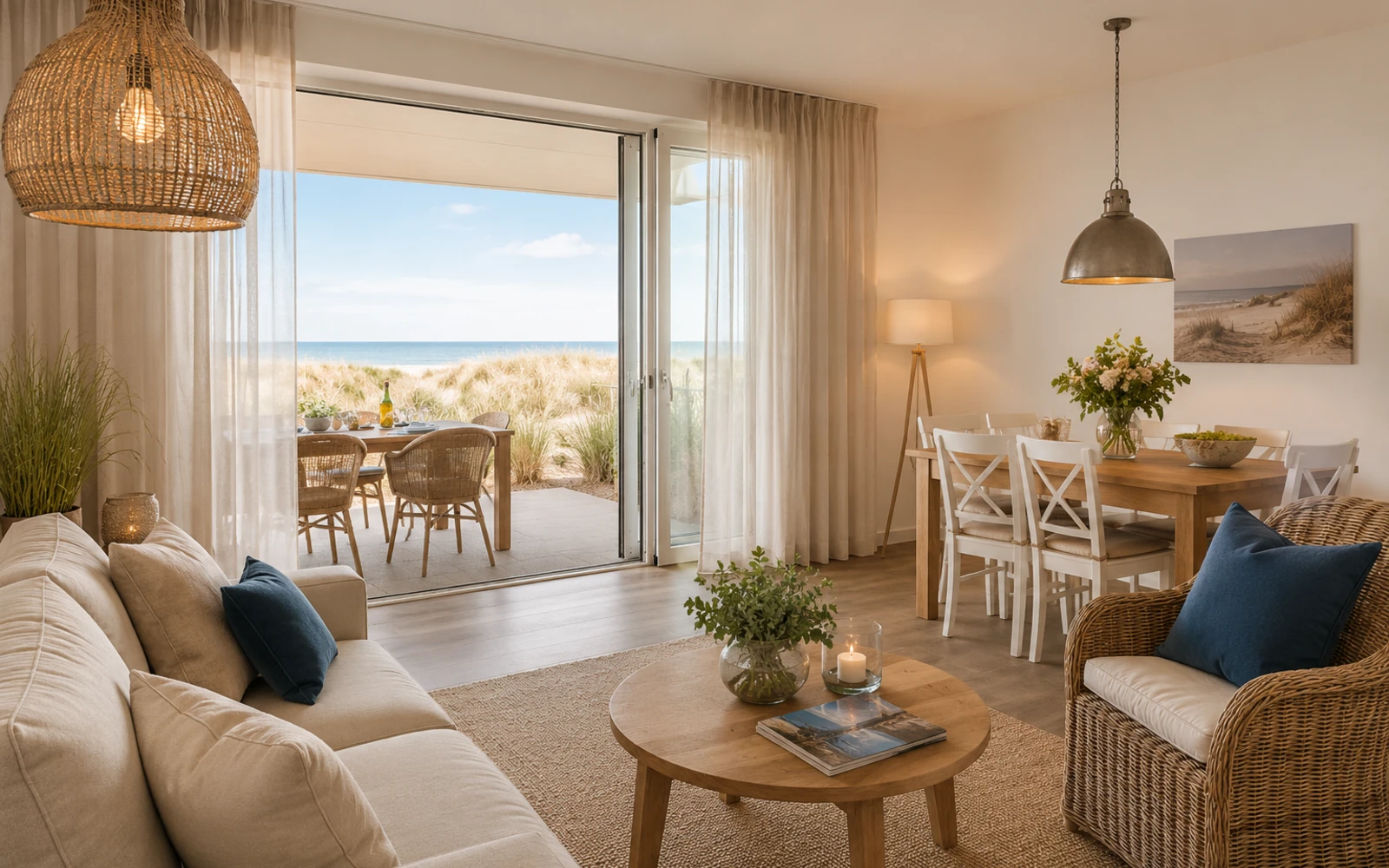 Heller Wohnbereich einer Ferienwohnung mit Meerblick und ruhiger Küstenatmosphäre