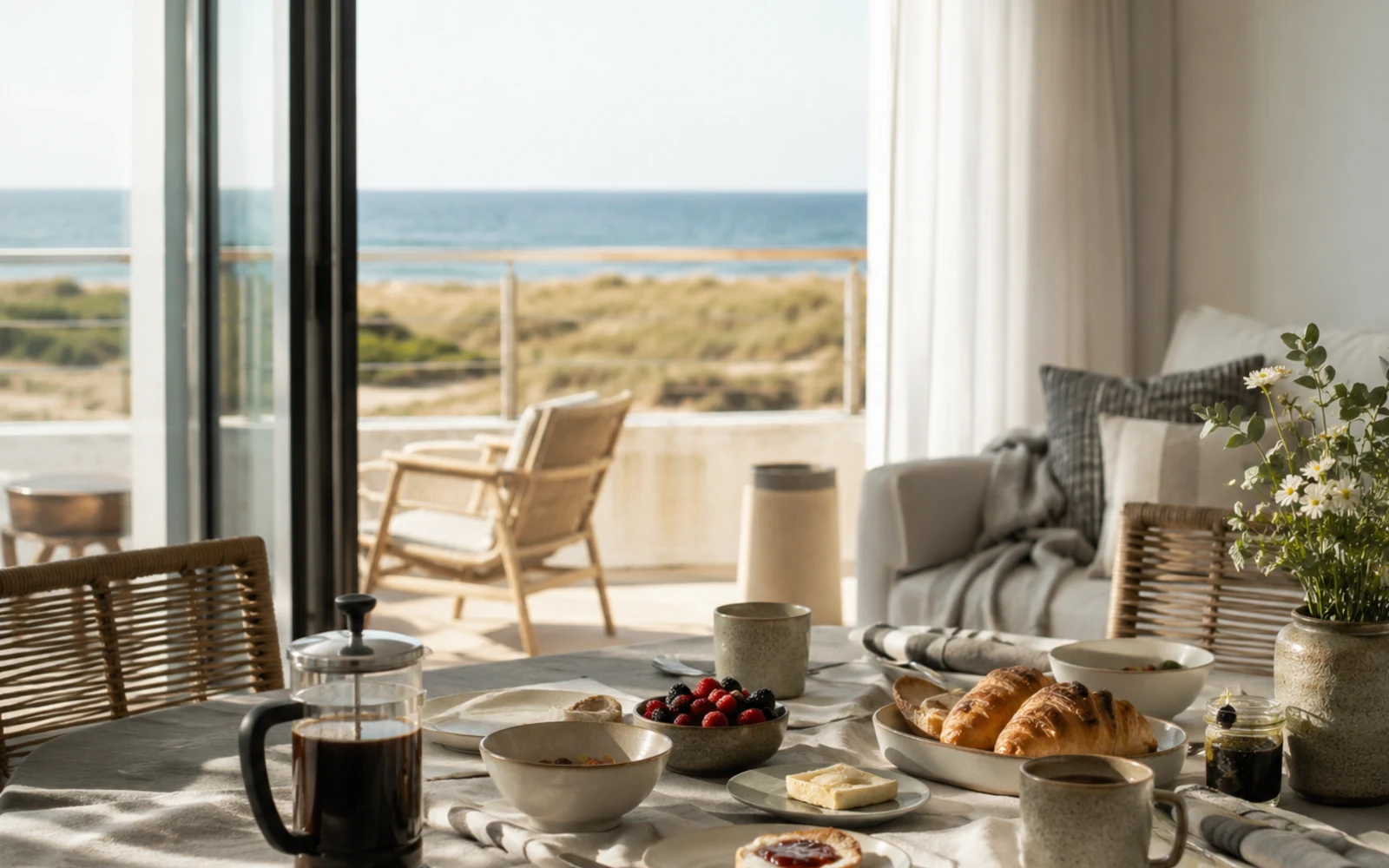 Frühstückstisch in einer Ferienwohnung mit Meerblick