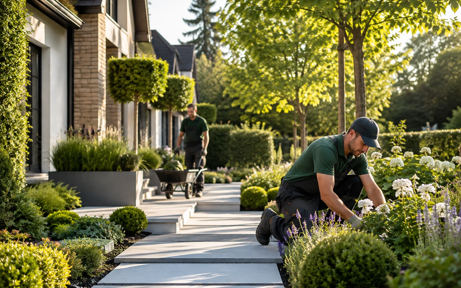 Gärtner bei der Arbeit in einem gepflegten modernen Garten