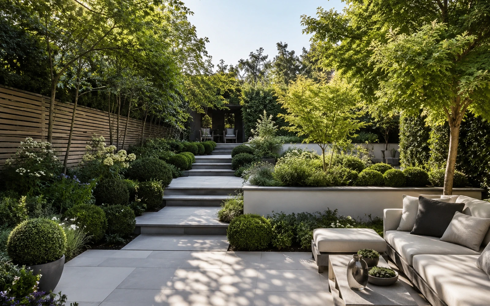 Moderne Gartenterrasse mit Sitzbereich und üppiger Bepflanzung