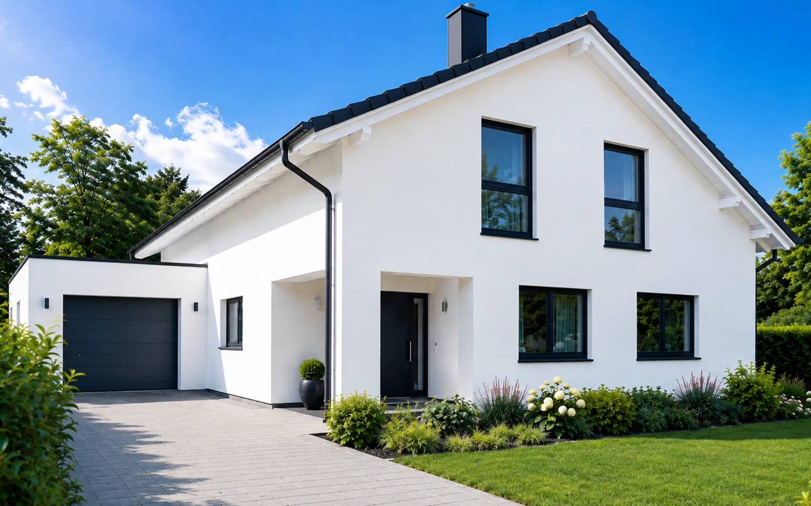 Modernes Haus mit gepflegter Gartenanlage und klaren Wegen