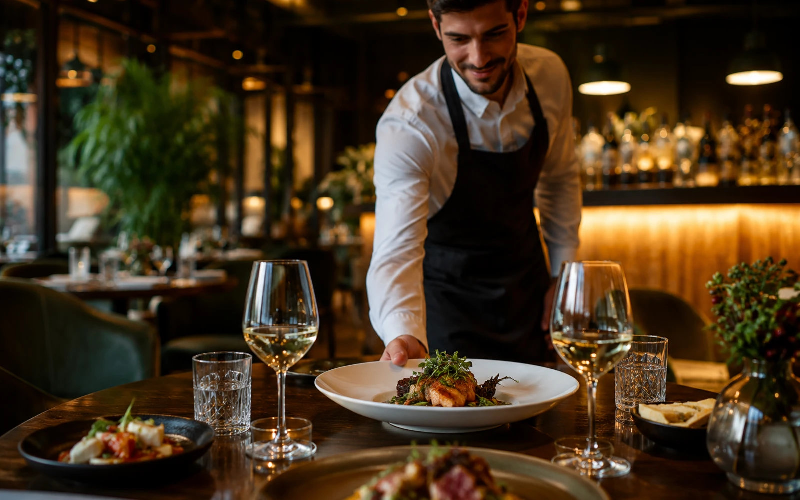 Eleganter Restaurantservice mit gedecktem Tisch und warmer Abendstimmung