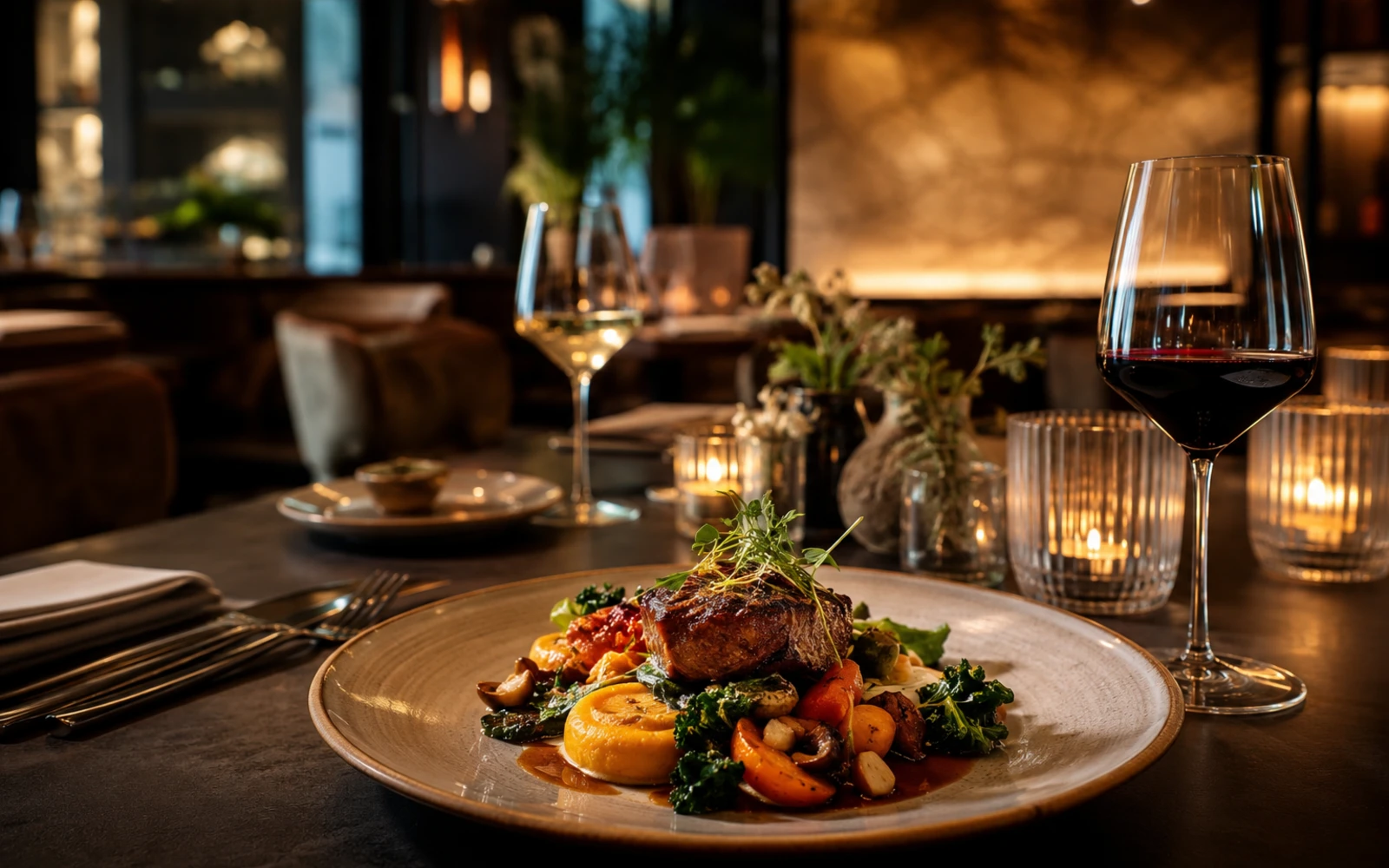 Appetitlich angerichtetes Gourmetgericht in gemütlicher Restaurantatmosphäre