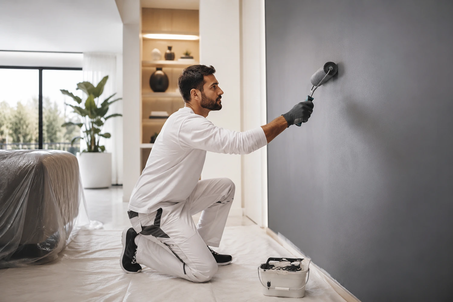 Professioneller Maler bei der Arbeit an einer modernen dunkelgrauen Akzentwand in einem hochwertig eingerichteten Wohnraum