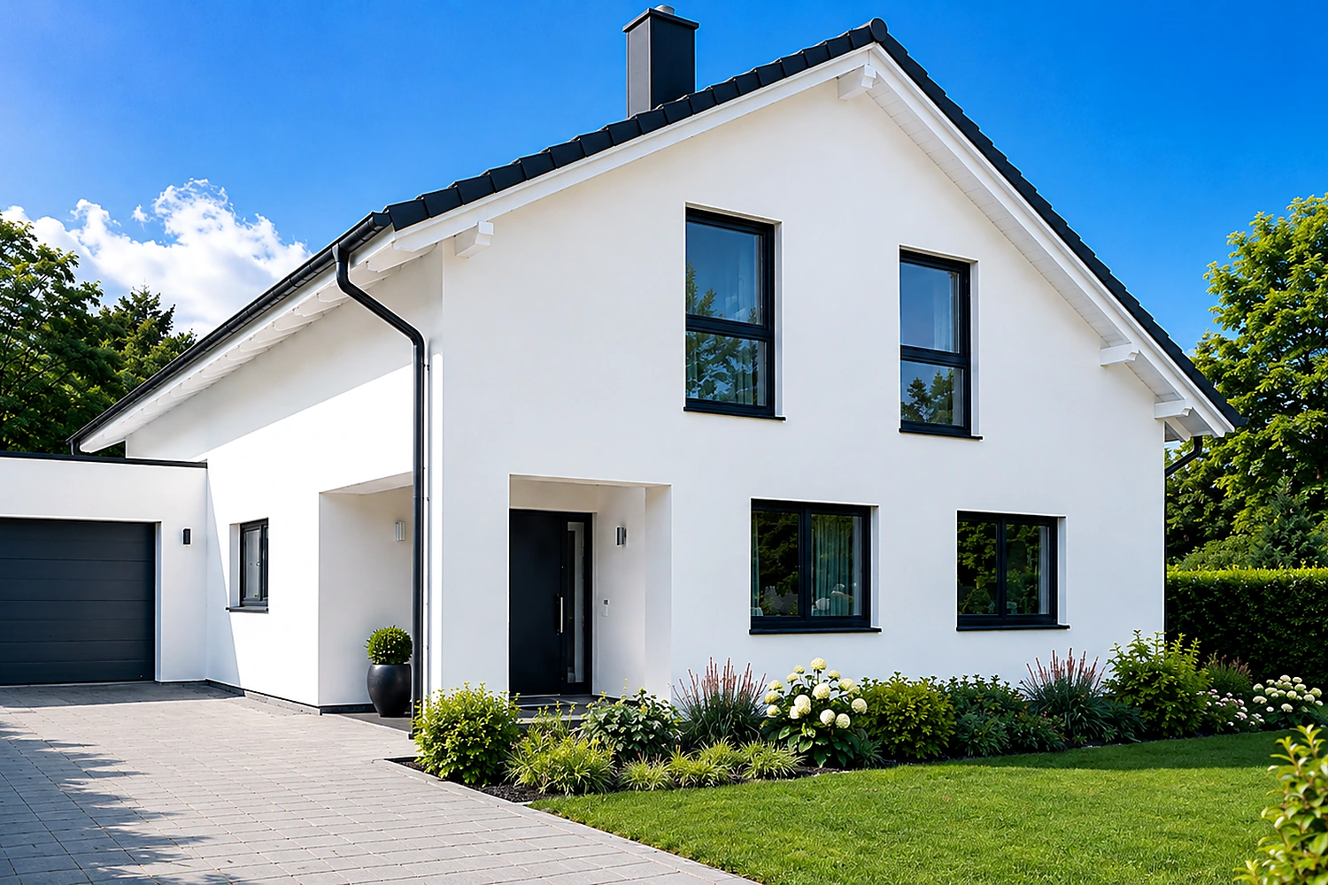 Fotorealistisches Beispiel einer modern aufgefrischten hellen Hausfassade mit dunklen Bauteilen und begrüntem Außenbereich