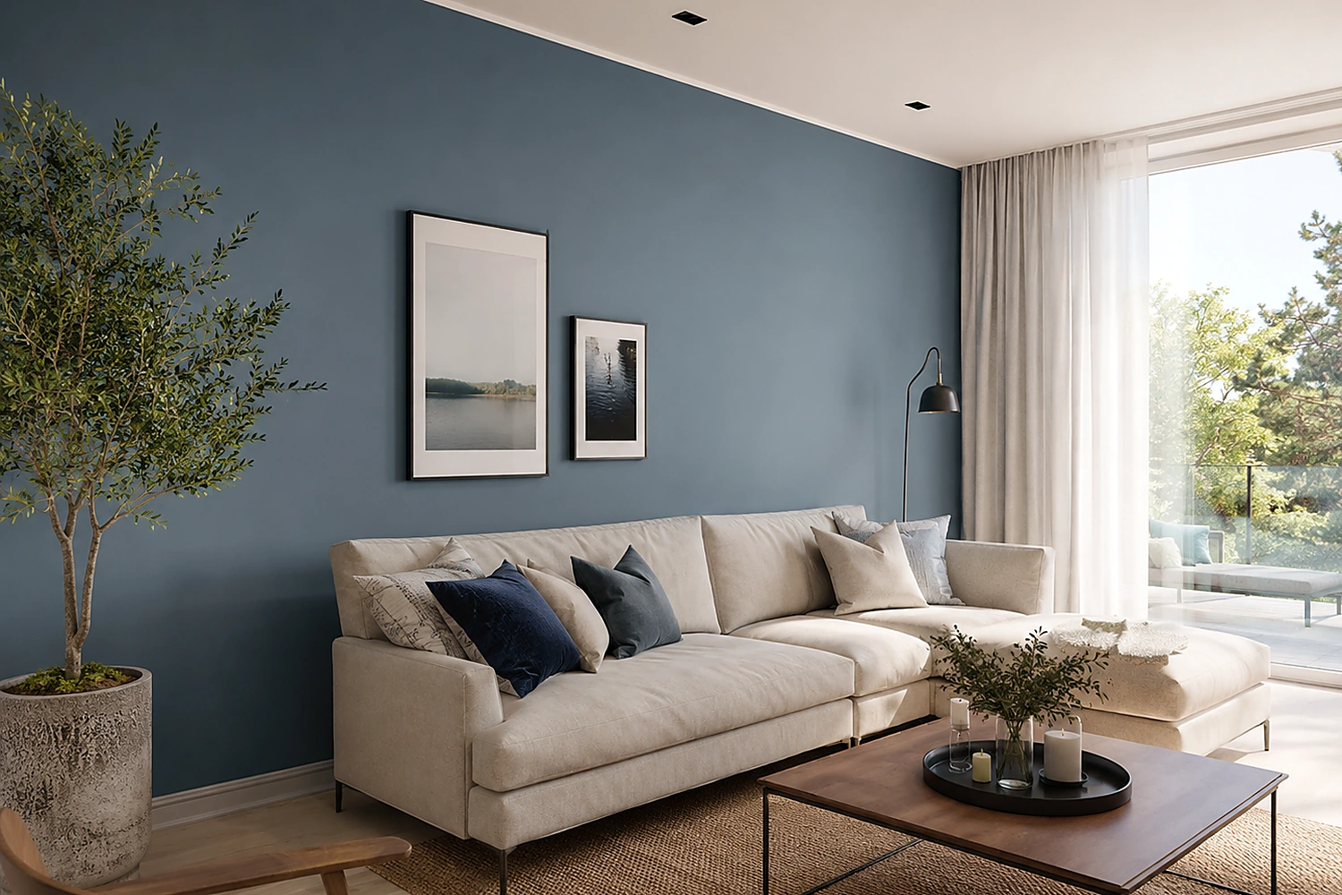Fotorealistisches Beispiel eines Wohnraums mit gedeckter blau-grauer Akzentwand, warmem Holz und heller Einrichtung