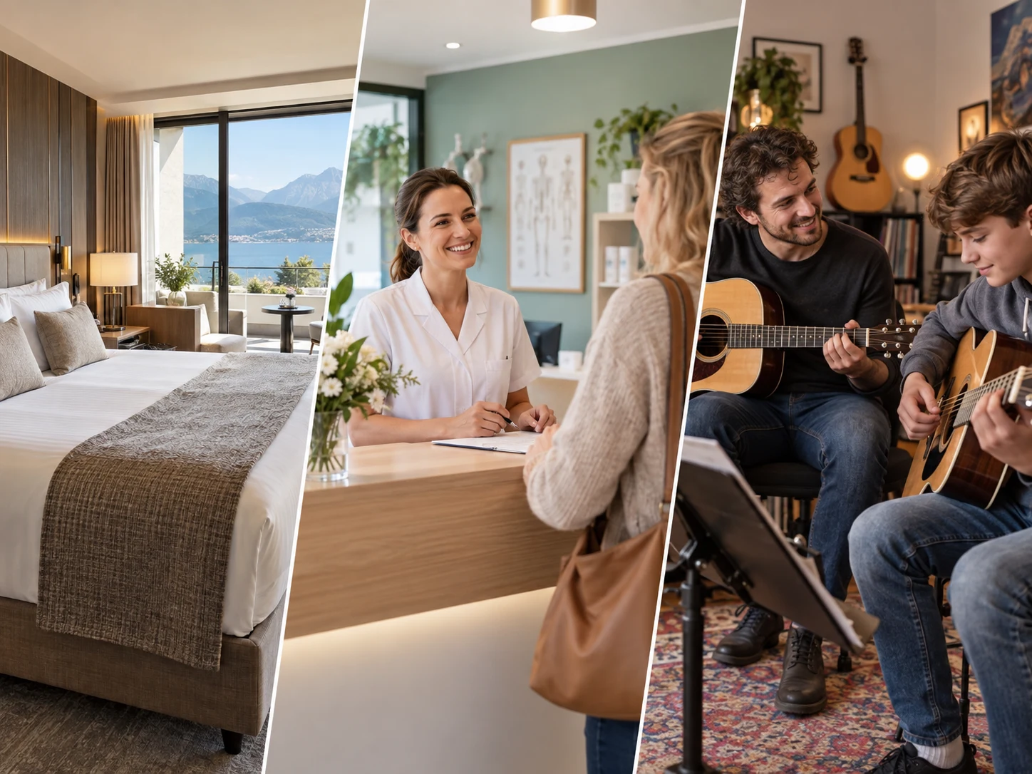 Fotorealistische Collage zum Beispiel Buchungssystem mit Hotel, Praxis und Gitarrenunterricht